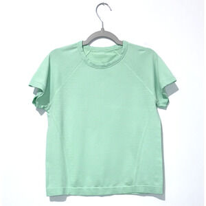 Athleta Girl Power Up T Shirt M 8-10 Green Striped Crew Neck Short Sleeve Logo